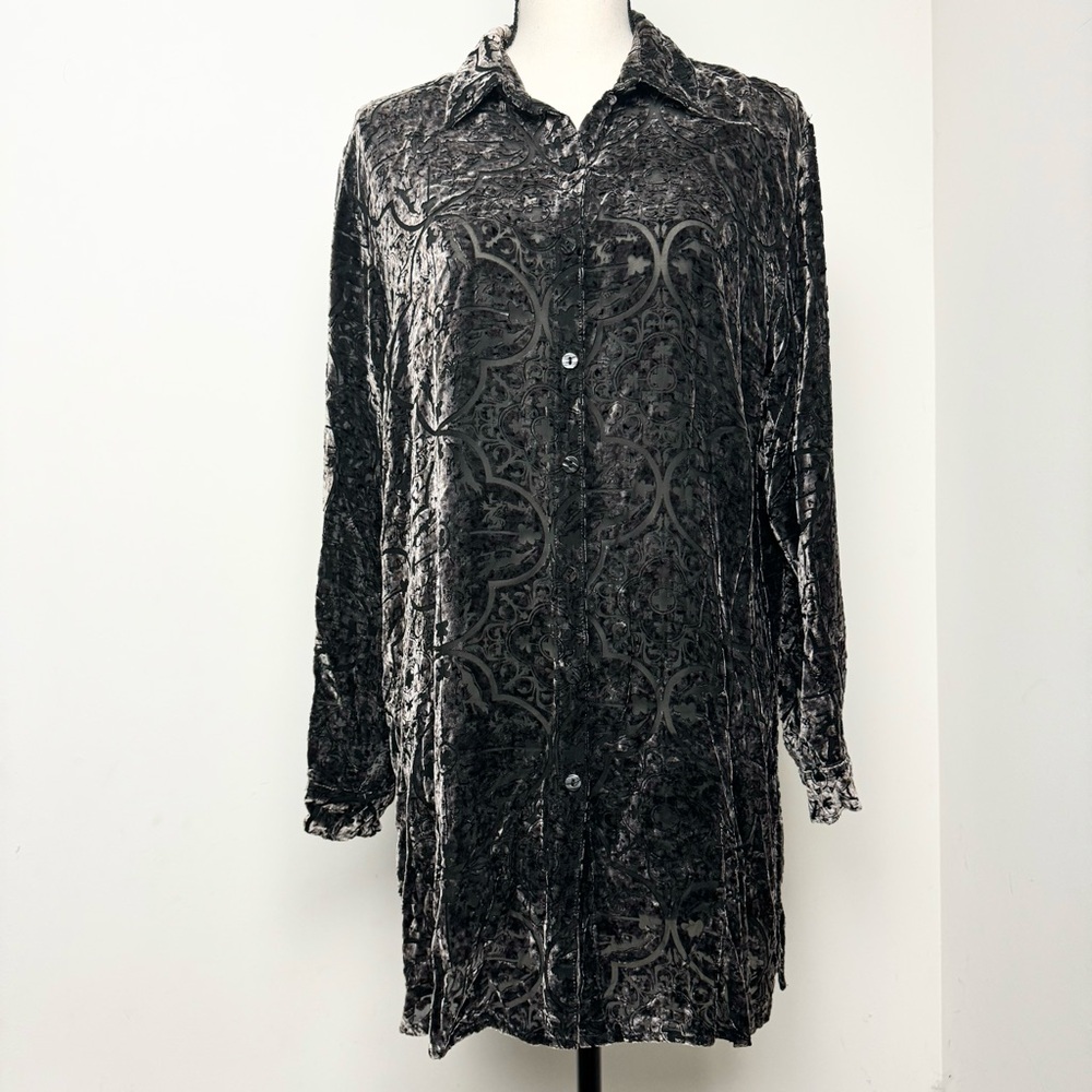 Vintage Chico’s Design Velvet Burn Out Silk Tunic Long Sleeve Button Up Grunge 8